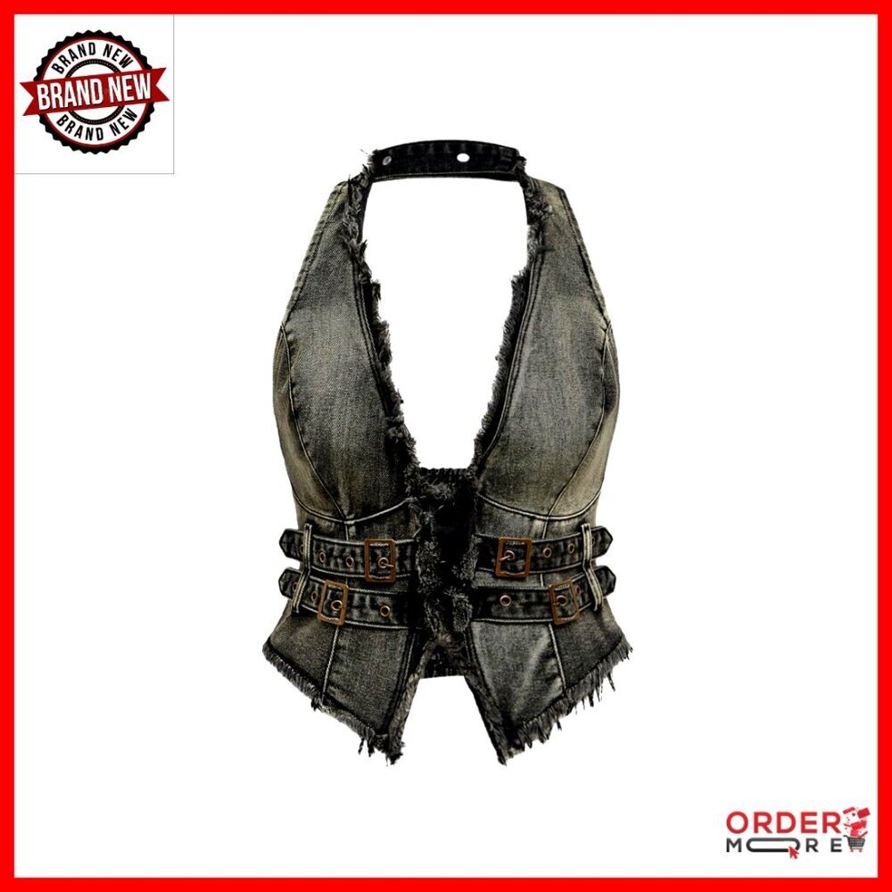 Plus Size Denim Halter Top Frayed Edge Buckle Backless Punk Crop Top